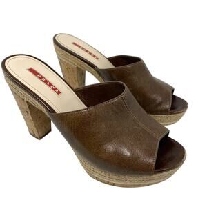 Prada Brown Tan Leather Open Toe Cork Platform Mule Slide On Espadrille 37.5 7.5
